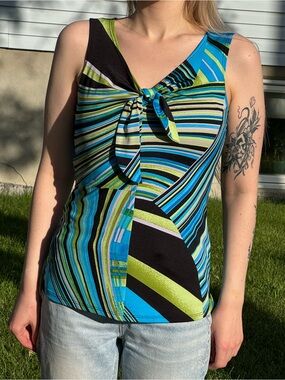 Clientele Abstract Striped Print Tie Front Blue Green Black Sleeveless Tank Top